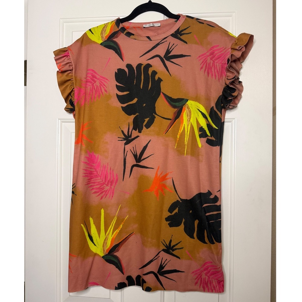 Zara Woman Tropical Floral Ruffle Sleeve Mini T-Shirt Dress Terracotta Small